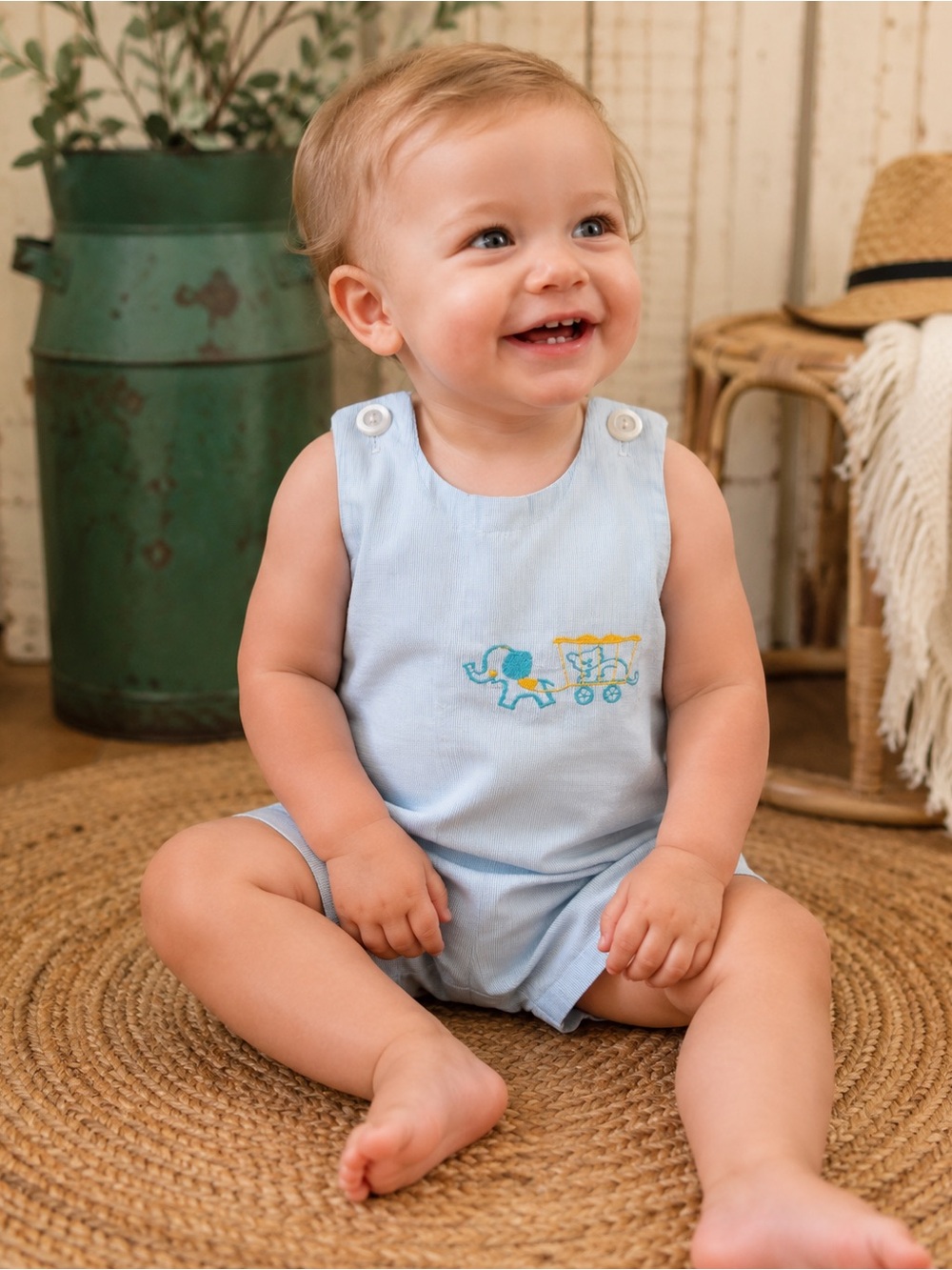 Vintage Royal Heir Seersucker Embroidered Circus Jon Jon Romper - 18M